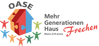 'OASE'-Schriftzug mit bunten Figuren, die um ein Haus aus Puzzleteilen herum stehen. Rechts daneben der Schriftzug 'Mehrgenerationenhaus Rhein-Erft-Kreis Frechen'